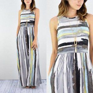 NWOT Gray/Yellow Abstract Stripe Pocket Maxi Dress